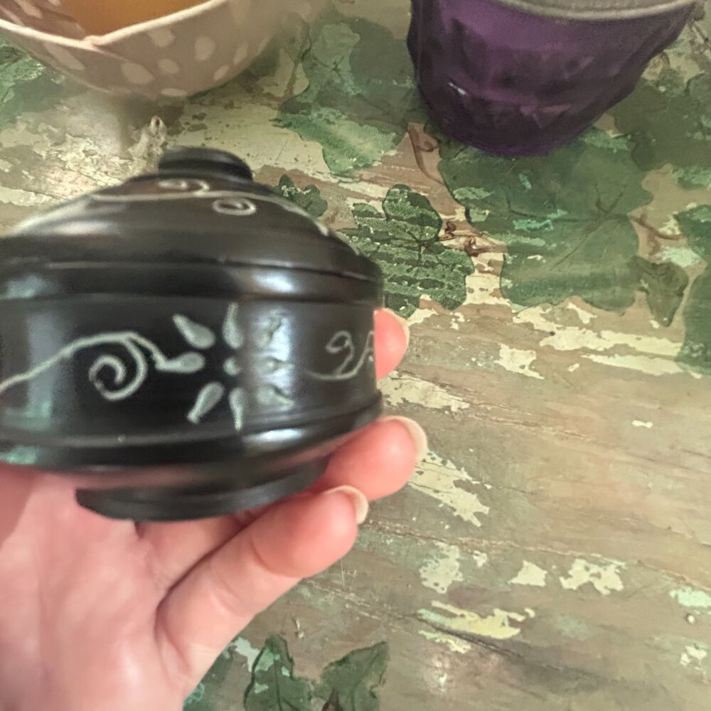Hand-Painted Black Trinket Dish with Lid — Floral Design — Handmade